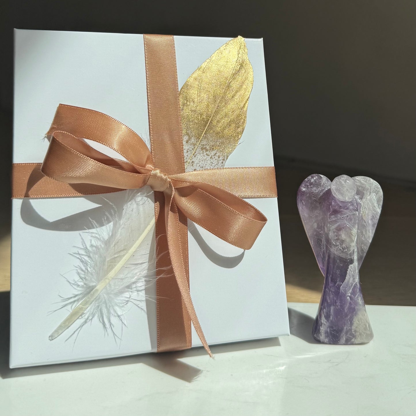 Guardian of Peace Amethyst crystal angel with ribbon-tied keepsake gift box — artisan healing crystal for stress relief, peace and spiritual protection
