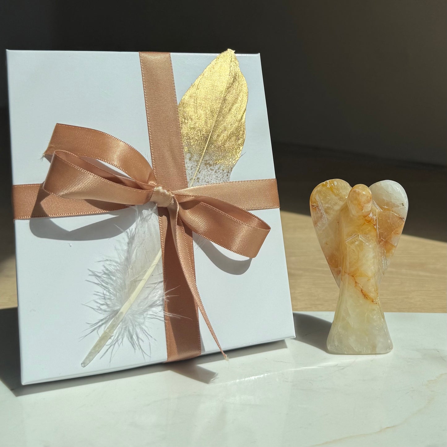 Guardian of Healing crystal angel with ribbon-tied keepsake gift box — gift-ready healing crystal for sympathy and cancer support