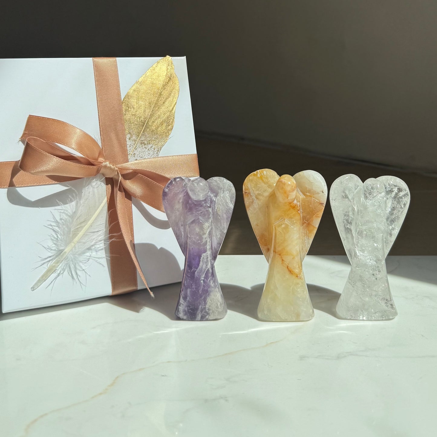 Guardian Angel Trinity Set in ribbon-tied keepsake gift box — three artisan crystal angels for healing, light and peace, meaningful gift set from Aspen Angels Foundation