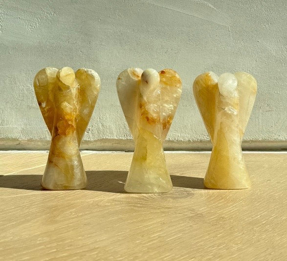 Three Golden Healer Quartz Guardian Angels — artisan hand-carved crystal gifts from Bahia Brazil, meaningful healing keepsakes
