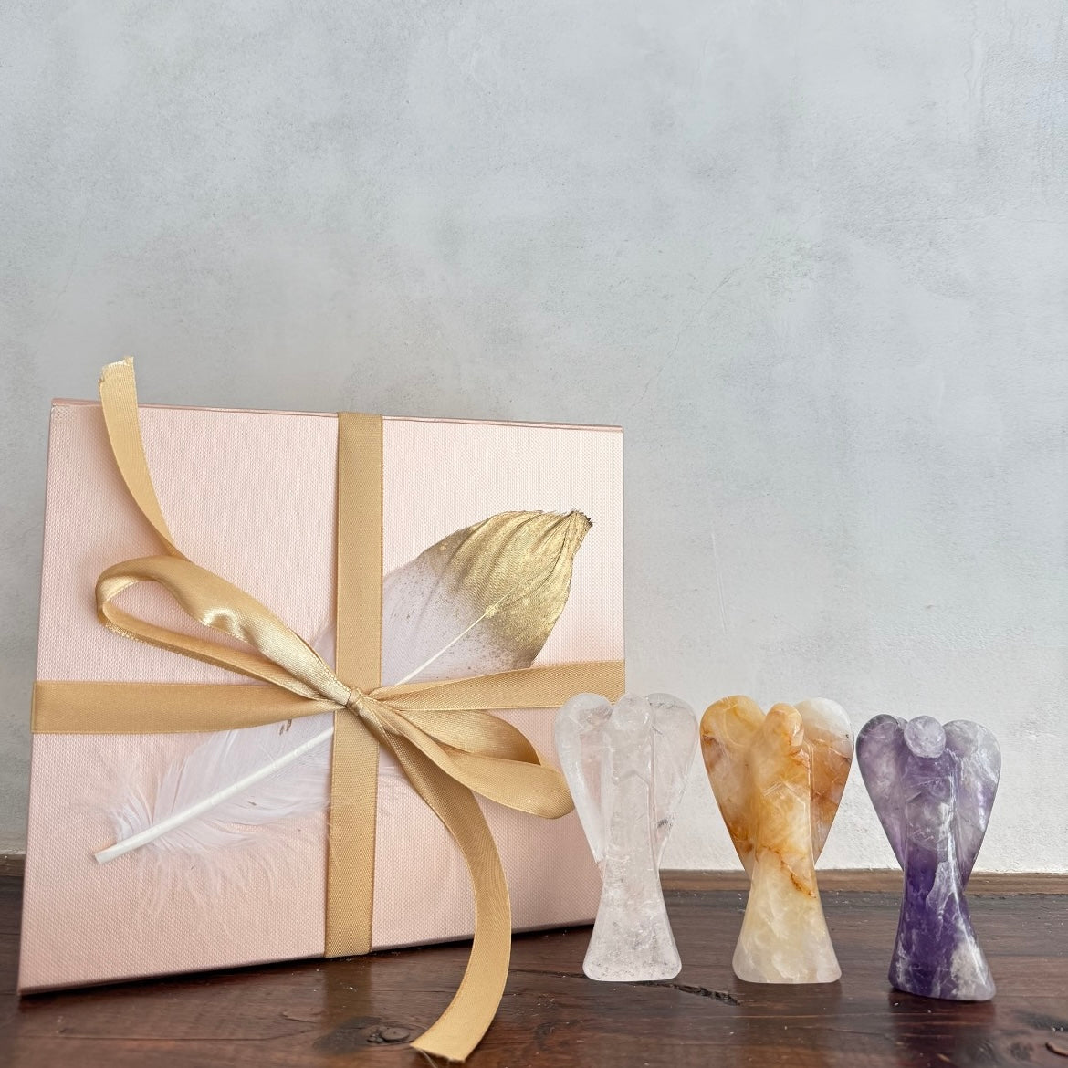 Guardian Angel Trinity Set in ribbon-tied keepsake gift box — three artisan crystal angels for healing, light and peace, from Aspen Angels Foundation